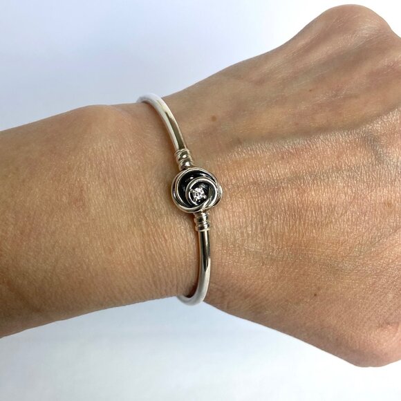 Pandora Sterling Silver 925 Encircled Clasp CZ Round Charm Bangle Bracelet 6.5" - Picture 1 of 16